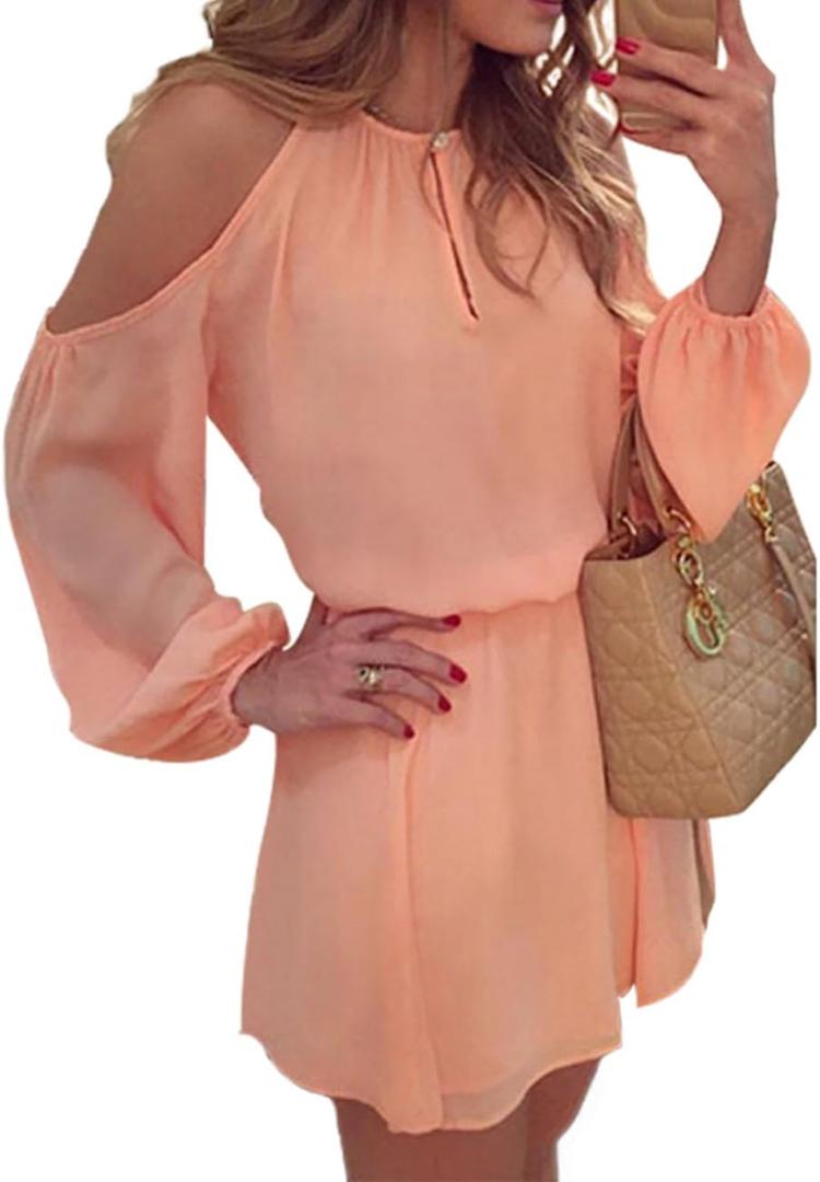 xxxiticat Women's Summer Dress Cold Shoulder Sheer Bikini Bathing Suits Swimsuit Coverup Vacation Short Boho Beach Dresses (Large, Pink)