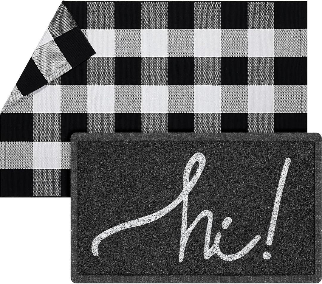 Geelin 2 Pcs Front Door Mats 30'' x 18'' Welcome Mat and 43'' x 27.5'' Entrance Buffalo Checkered Rug for Indoor Outdoor Coir Doormat for Home Outside Entrance Decorative (Hi)
