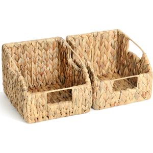 2-Pack Wicker Basket Set - Water Hyacinth Pantry Organizers and Storage w/Handles, For Home, Bedroom, Kitchen, & More - 100% Earth Friendly Woven Rattan, Simple Open Shape Decorative Baskets