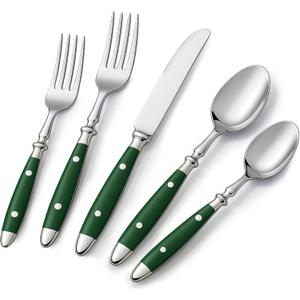 20-Piece Silverware Set, 304 Riveted Stainless Steel Flatware Set, Service for 1, Vintage Cutlery Set with Green Bakelite Handle, Mirror Polished | Rustic | Dishwasher Safee