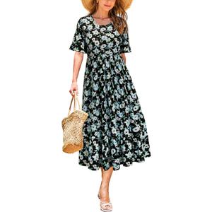 STYLEWORD Women's Summer 2026 Casual Short Sleeve Tiered Flowy Spring Dress Long Midi Beach Sundress Vacation Outfits (Black Light Green Floral)