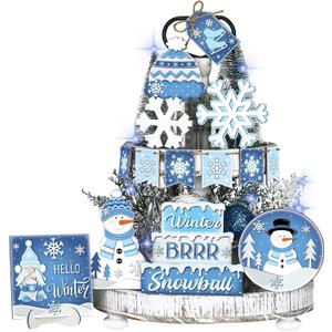 Menkxi 15 Pcs Winter Tiered Tray Decor Snowman Snowflake Tiered Tray Decorations Set Blue Rustic Farmhouse Wooden Signs Tabletop Centerpieces for Winter Holiday Party(Stylish)