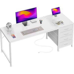 PRAISUN 55.1 Inch Computer Office Desk with Power Outelts and USB-C Port, Reversible Gaming Desk with 4 Fabric Drawers, Work Study Desk Work from Home, White