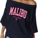 Women's Off Shoulder Tops Letter Graphic Tees Half Sleeve Baggy Summer T-Shirts (Blue, L)