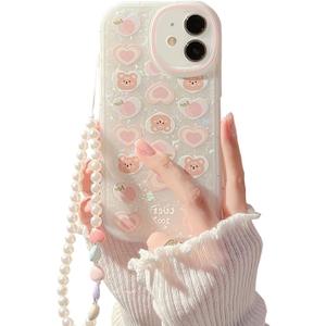 Compatible with iPhone 12 Case Cover Cute Women,Bear Love Heart Pattern with Pearl Strap Bracelet Chain Sparkly Phone Case Camera Protect