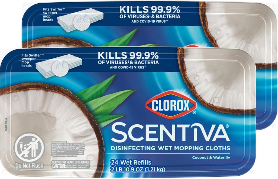 Clorox Scentiva Disinfecting Wet Mop Pad, Disposable Mop Heads, Coconut and Waterlily, 2 Packs, 24 Wet Refills Per Pack