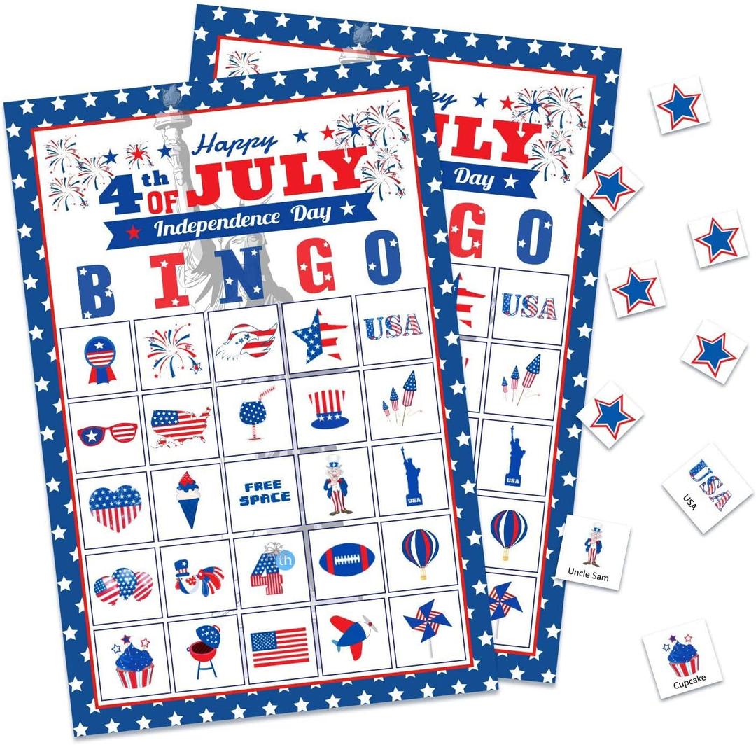 32Players 4th of July Bingo Game  Patriotic Bingo Cards for Kids Adults Independence Day Party Supplies with 24 Caller Chips