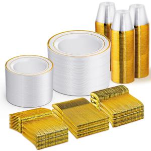 WELLIFE 600 PCS Gold & White Disposable Dinnerware Set for 100 Guests White Plastic Plates with Gold Rim, Dinner & Salad Plates, Cups, Forks, Knives & Spoons for Weddings & Elegant Events
