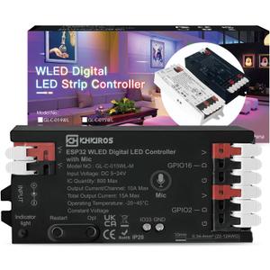 WLED Controller with Mic,5-24V ESP32 LED Strip Lights Controller Webserver Control (WS2812B,WS2811,SK6812) LEDs,SPI Based Chipsets WS2801 APA102,Remote Light Control