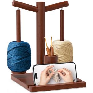 HangerSpace Wooden Yarn Holder for Crocheting and Knitting, Upgraded Magnetic Rotating Yarn Spinner with 2 Spindles, Perfect for Crocheting and Knitting Lovers (Walnut)