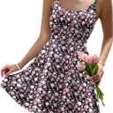 HOTOUCH Women's Summer Dress Adjustable Spaghetti Strap Floral Mini Casual Dress with Pockets Fit & Flare Beach Sundress (Medium) Black Flora