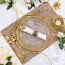 Hioasis 350pcs Clear Gold Plastic Plates - Gold Plastic Dinnerware Set Includes 50 Dinner Plates, 50 Dessert Dinnerware, 50 Cups, 50 Rolled Napkin Cutlery Perfect for Wedding & Party