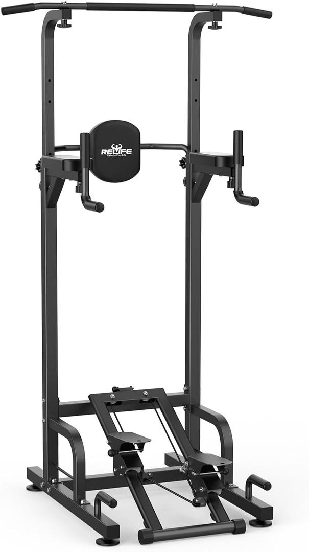 RELIFE REBUILD YOUR LIFE Power Tower Pull Up Bar Station Workout Dip Station for Home Gym Strength Training Fitness Equipment (Black-01)