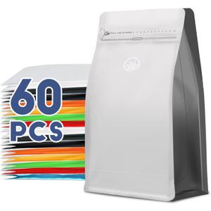 Coffee Bags with Valve(60pcs,8 oz,1/2 lb) Vented Coffee Beans Packaging Bags High Barrier Aluminumed Foil Flat Bottom Heat Sealed Side Zipper Resealable Storage Bag for Home or Business (White+Gray (8oz)