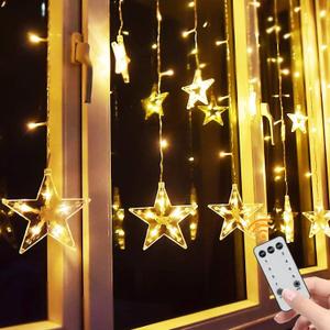 TOFU Star Curtain Lights, 108 Led 12 Stars Remote Window Curtain String Lights Plug in with 8 Flashing Modes Decoration for Christmas, Wedding, Bedroom, Party, Birthday, 7.3ft W, 3.3ft H, Warm White