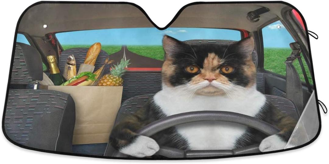 Cat Driving Car Windshield Sun Shade Fun Animal Cool Foldable UV Ray Sun Visor Protector Sunshade to Keep Your Vehicle Cool (55" x 27.6") (Multi Pattern 27)