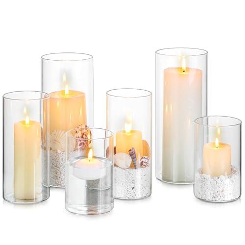 Glasseam Hurricane Glass Candle Holders: 6 Pcs Clear Cylinder Vases for Centerpieces Large Pillar Candle Holder for Floating Candles Set Modern Home Decor Wedding Table 5.3'' 7.3'' 9.5'' Height