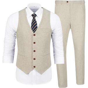 Men's Casual Linen Suit Set 2 Piece Slim Fit Wedding Suits Prom Groomsmen Suit Tuxedos Beach Suits Vest Pants (XX-Large, Beige)