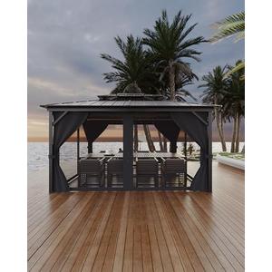 GarveeLife Hardtop Gazebo 12 ft x14 ft for All Weather, with Double Metal Roof, Net, and Curtain, Permanent Building for Patio, Deck, Backyard, Lawn, and Garden