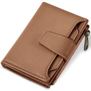 Small Wallet Women RFID Blocking Soft Leather Bifold Compact Card Holder Wallet for Women with Zipper Coin Pocket 4 ID Window (Brown)