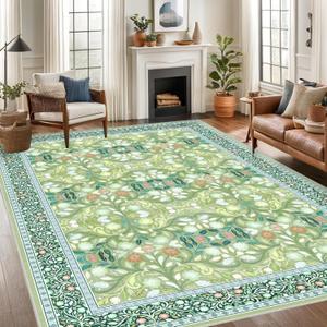 8x10 Area Rugs for Living Room, Washable Rug Floral Vintage Rugs for Bedroom Non Slip Low Pile Large Green Boho Carpet Indoor Kitchen Dining Room Office Playroom Floor Mat