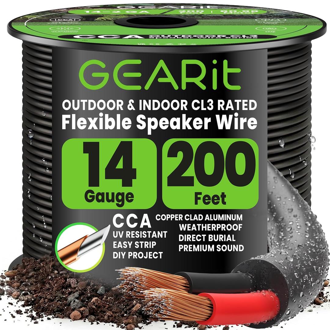 GEARit 14 Gauge Speaker Wire Cable,14 Gauge Wire CL3 Rated 200ft,Audio Cable with Red/Black Color Coded,Outdoor Speaker Wires for Home,Car,Outdoor,Patio,Garden,In-Wall,Backyard,CCA(Black,2-Conductors)