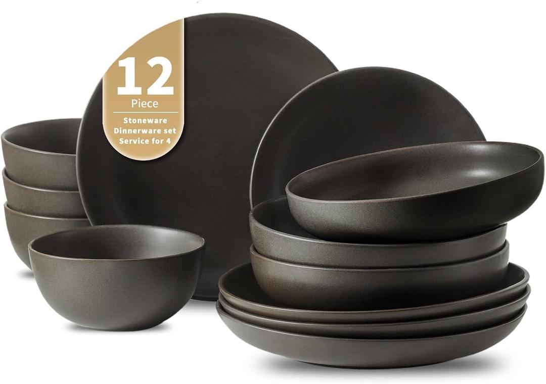 Plates and Bowls Sets, 12-Pieces Stoneware Dinnerware Set Ceramic, Matte Black Dishes Set for 4, Scratch Resistant, Microwave and Dishwasher Safe Tableware, Porcelain