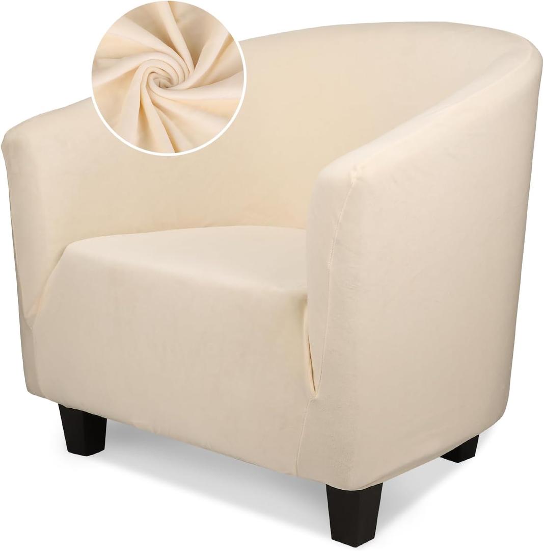 Velvet Club Chair Slipcover, 1 Piece Arm Chair Cover Slipcover, Soft Stretch Non Slip Club Tub Chair Slipcover Couch with Arms Washable Furniture Protector for Living Room Hotel (Beige White)