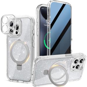 Magnetic Privacy Case for iPhone 15 Pro Max [DIY Glitter Cardstock] [Invisible Magnetic Kickstand] Built-in Anti Peep Screen Protector, Camera Protection Full Body Glitter Case for Women - Clear