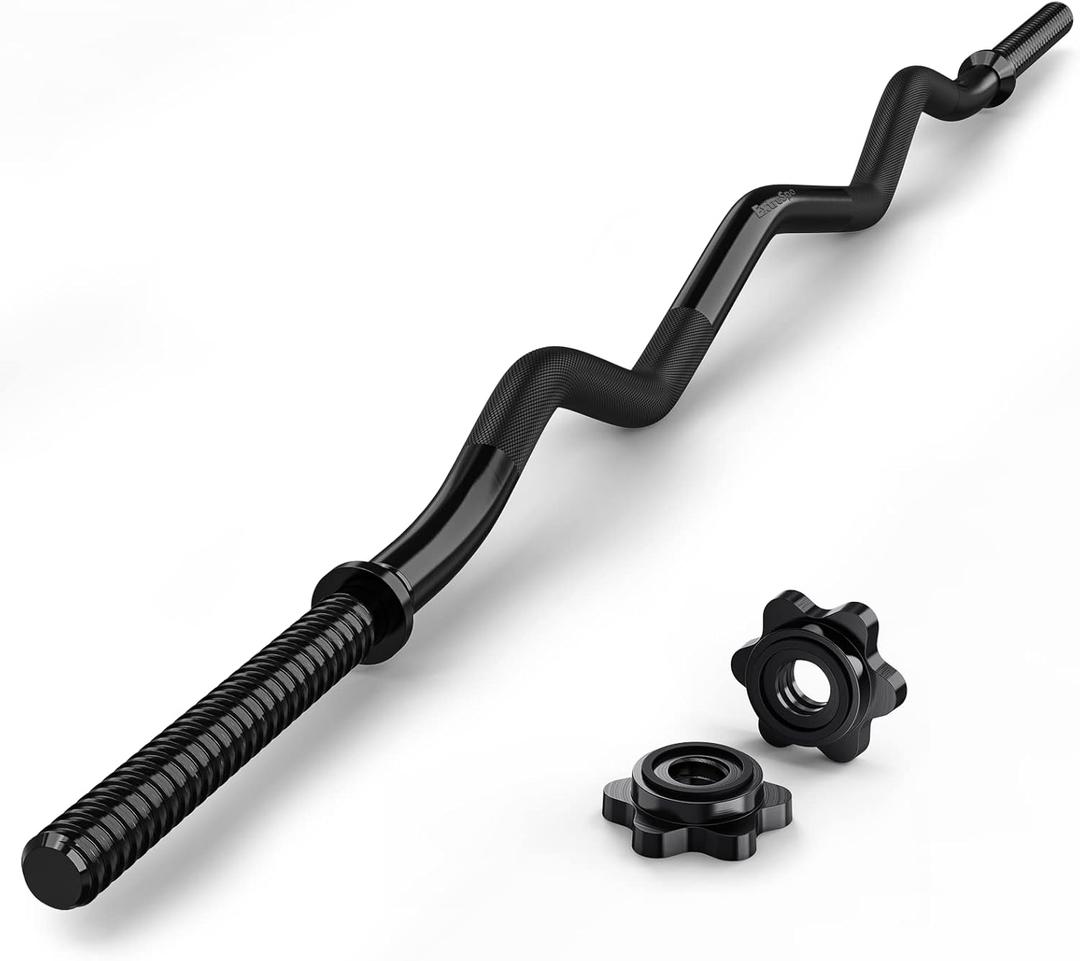 47" EZ Curl Bar Weight Lifting Bar, for Hip Thrusts/Squats/Lunges, 1" Weight Plates Curling Bar for Gym and Home, with Star Collars