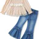 XUANHAO Toddler Girls Clothes Puff Sleeve Smocked Shirt Flare Jeans Pant Outfits for Girl Bell Bottom Kids Girls Clothing Set