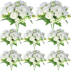 Geosar 8 Bundles Artificial Peonies Flowers Fake Silk Peony Bouquet Faux Peonies Flowers Bulk for Decoration Vase Floral Arrangements Wedding Party Table (White)