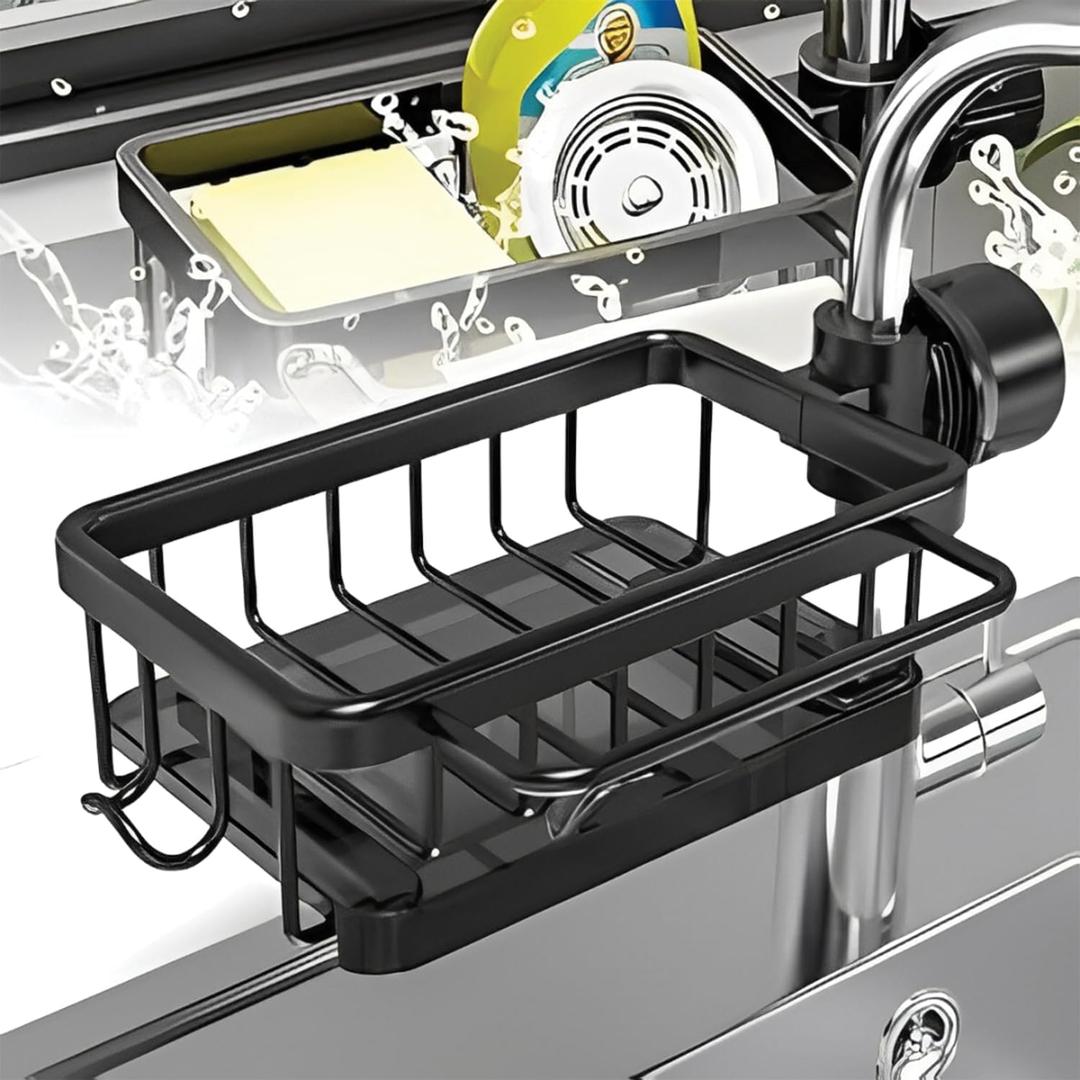 Kitchen Sink Faucet Organizer, 2025 Upgrade, Adjustable Detachable Sponge Holder, Soap Kitchen Sink Drain Rack with Tray & Towel Hook Bathroom Universal Size Fits 1.8-2.8cm Round Pipe (Black Left)