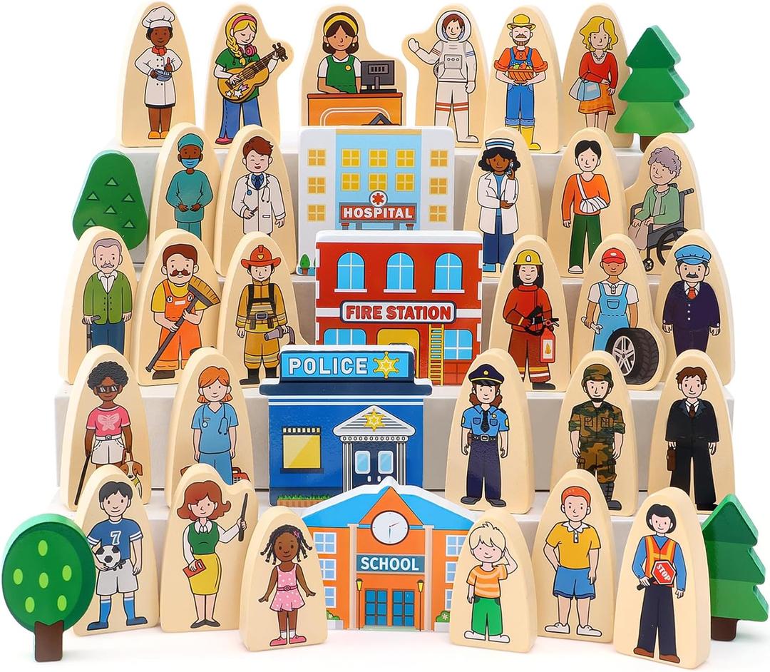 Atoylink 36Pcs Wooden Community Helpers Pretend Play Toys for Kids 3 4 5 6 Year Old, Wooden People Figures Blocks Occupations Dress up Toddlers Preschool Learning Toys Boys Girls Birthday Gifts