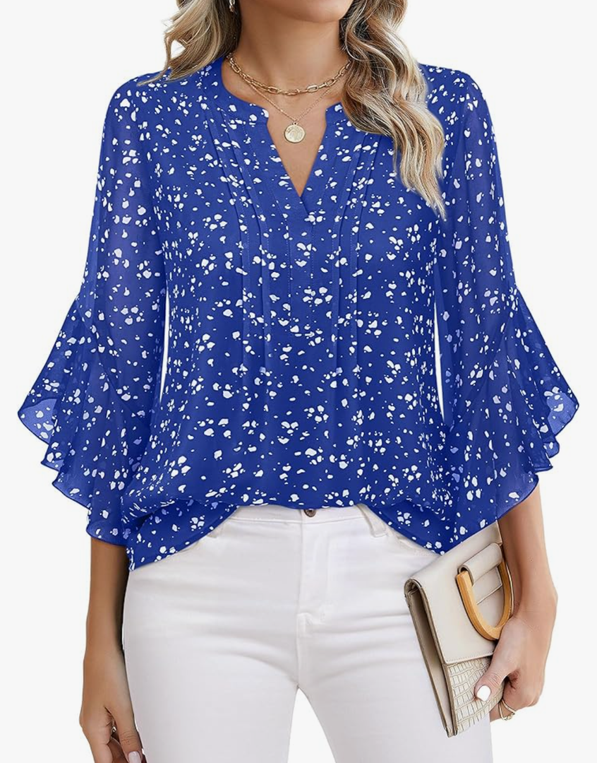 Timeson Women's 3/4 Sleeve Tops Dressy Casual Business Work Blouses Chiffon Office Shirts Size L, Blue