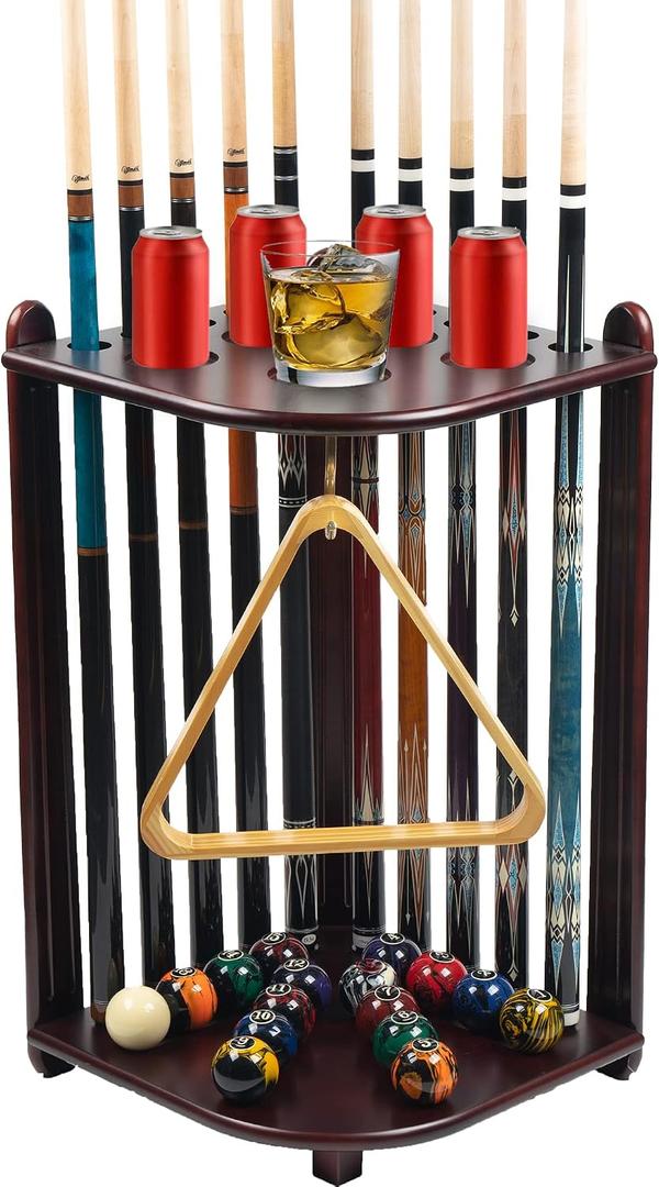 Pool Stick Holder Floor Stand, 10 Cues Solid Wood Billiard Pool Cue Rack, Pool Table Accessories (Mahogany)
