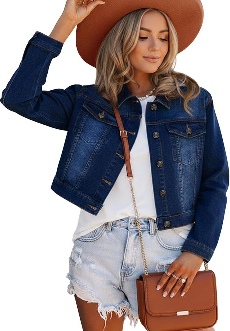 JMOJO 2026 Cropped Denim Jacket for Women Stretchy Fitted with 2 Pockets Lightweight Trendy Short Jean Shacket