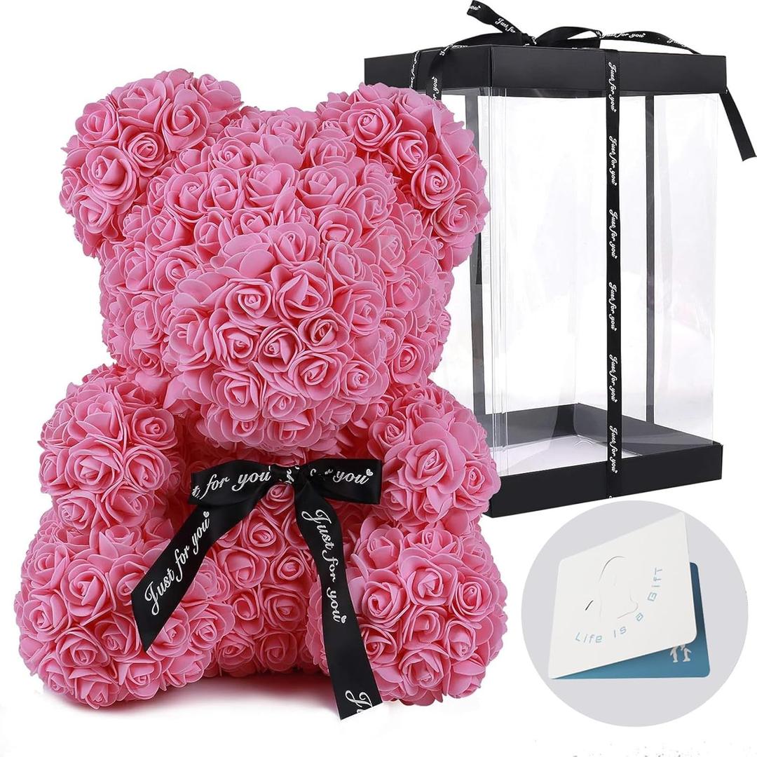 RECUTMS - Oso de peluche artificial de 10 pulgadas, caja de regalo para San Valentn, Da de la Madre, aniversario, regalo de cumpleaos (Rosa)