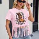Western Shirts for Women Cowgirl Boots Hat Shirt Vintage Cowgirl Fringe Tops Short Sleeve (Pink, M)