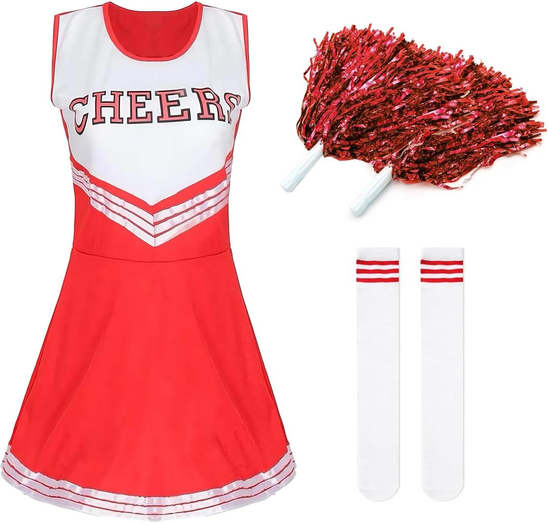 Women's Cheerleader Costume Outfit Cheer Dress with Pom Poms & Retro Striped Socks for Halloween Sports Events Theme Parties (Red, XS)