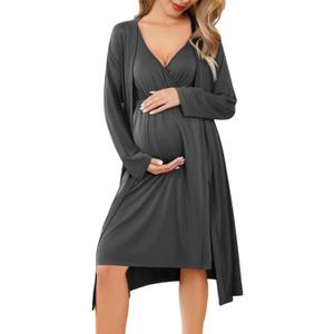 Ekouaer Maternity Nursing Gown and Robe Set Labor Delivery Nursing Nightgowns for Breastfeeding Pregnancy Clothes (XX-Large, Darkgrey)