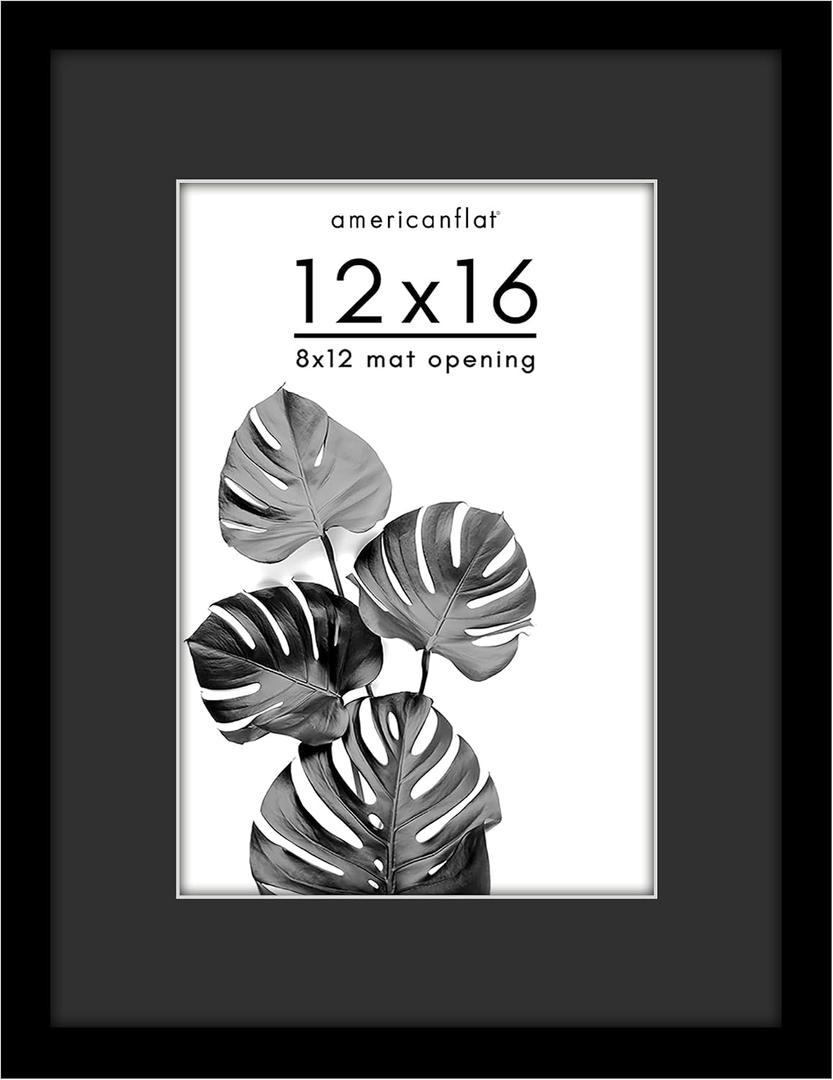 Americanflat 12x16 Picture Frame with Shatter-Resistant Glass - Use as 8x12 Picture Frame with Black Mat and White Trim or Display 12x16 Photo Without Mat - Signature Collection - Black