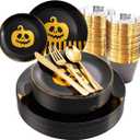 KIRE 25 Guest Halloween Plates Black Gold Plastic Plates Smiley Pumpkin include 50PCS Black &150PCS Gold Plastic Silverware&25PCS Clear Black Cups for Halloween Party