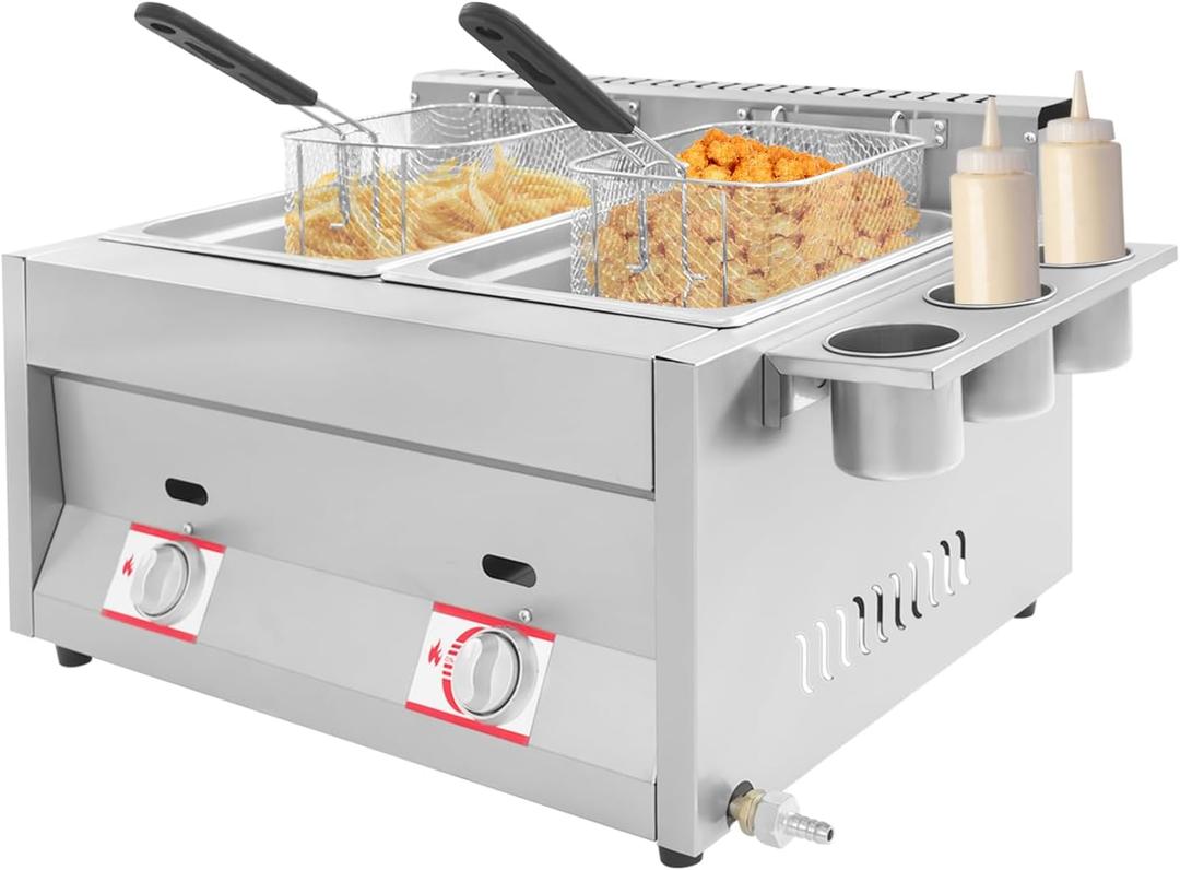 Commercial Gas Deep Fryer, 6Lx2Tank Countertop Stainless Steel Double Deep Fryer with 2 Baskets & Lids, Propane LPG Oil Frying Pot Kitchen Frying Machine for Home Kitchen Restaurant