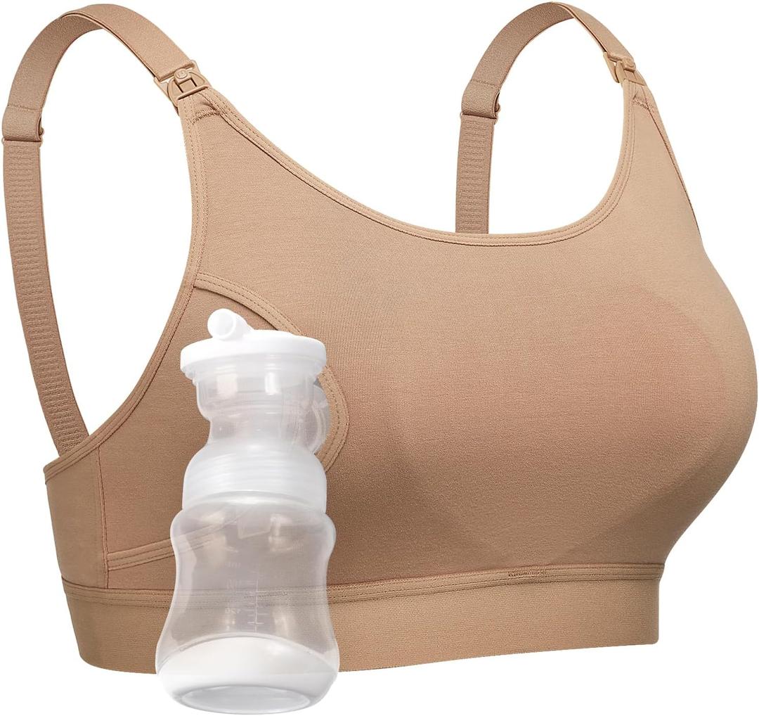 Momcozy Hands Free Pumping Bra, Adjustable Breast-Pumps Holding and Nursing Bra, Pumping & Nursing Bra in One (Large, Mocha)