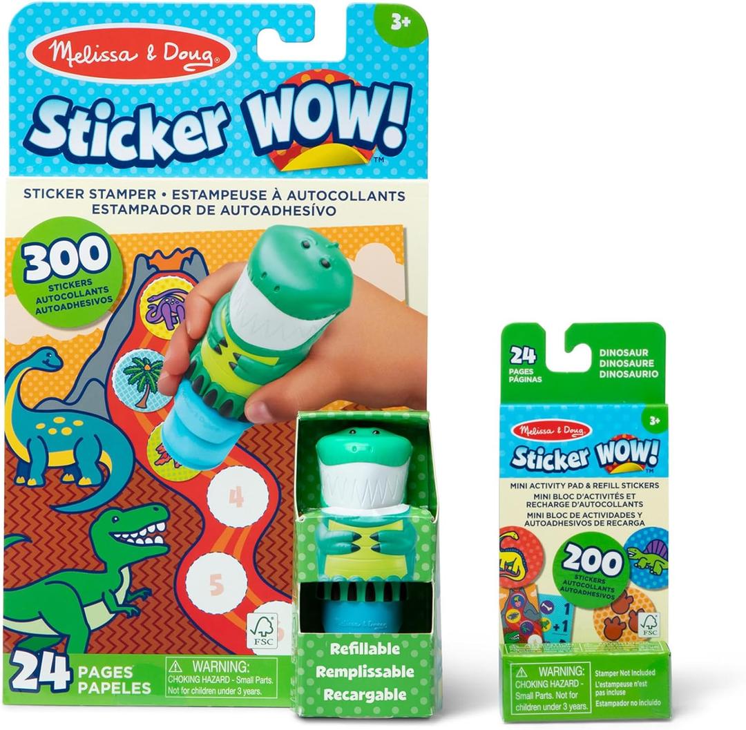 Melissa & Doug Sticker Wow! Dinosaur Bundle: 24-Page Activity Book, Refillable Sticker Stamper, Mini Pad, 500 Stickers, Arts and Crafts for Kids Ages 3+