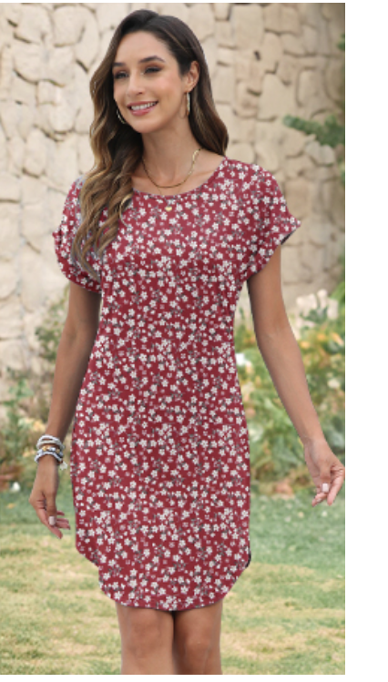 Women's Summer Casual Short Sleeve Floral Tshirt Sundresses Beach Cover Ups Vacation, Red White Flower, L