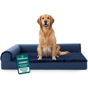 Furhaven Orthopedic Dog Bed for Large Dogs w/ Removable Bolsters & Washable Cover, For Dogs Up to 95 lbs - Plush & Velvet L Shaped Chaise - Deep Sapphire, Jumbo/XL