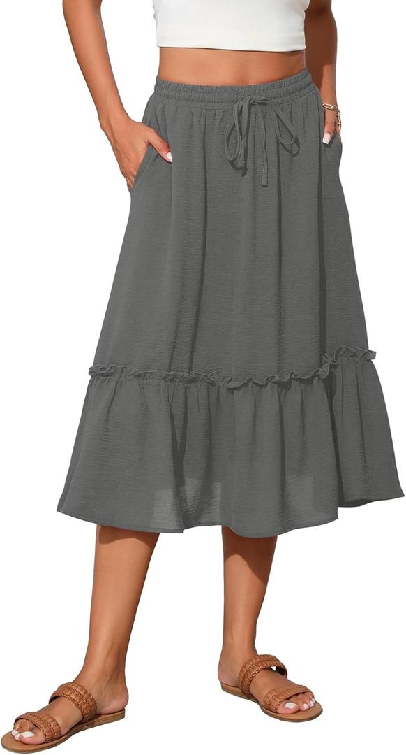 Witsmile High Waist Tiered Skirts for Women Flowy Skirts for Women Below Knee with Pockets 2025 Fashion(Gray, M)