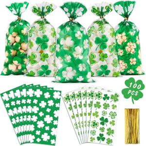 QTDS St Patricks Day Goodie Bags, 100 Pcs Clear St Patricks Day Cellophane Treat Bags, Green Shamrock Plastic Party Favor Treat Gift Bag with Ties